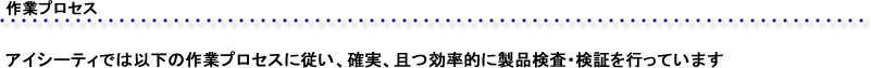 作業プロセス　アイシーティでは以下の作業プロセスに従い、確実かつ効率的に製品検査検証を行っています。